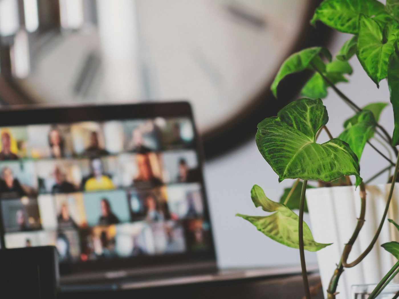 Notebook exibindo uma videochamada com dezenas de participantes durante um webinar
